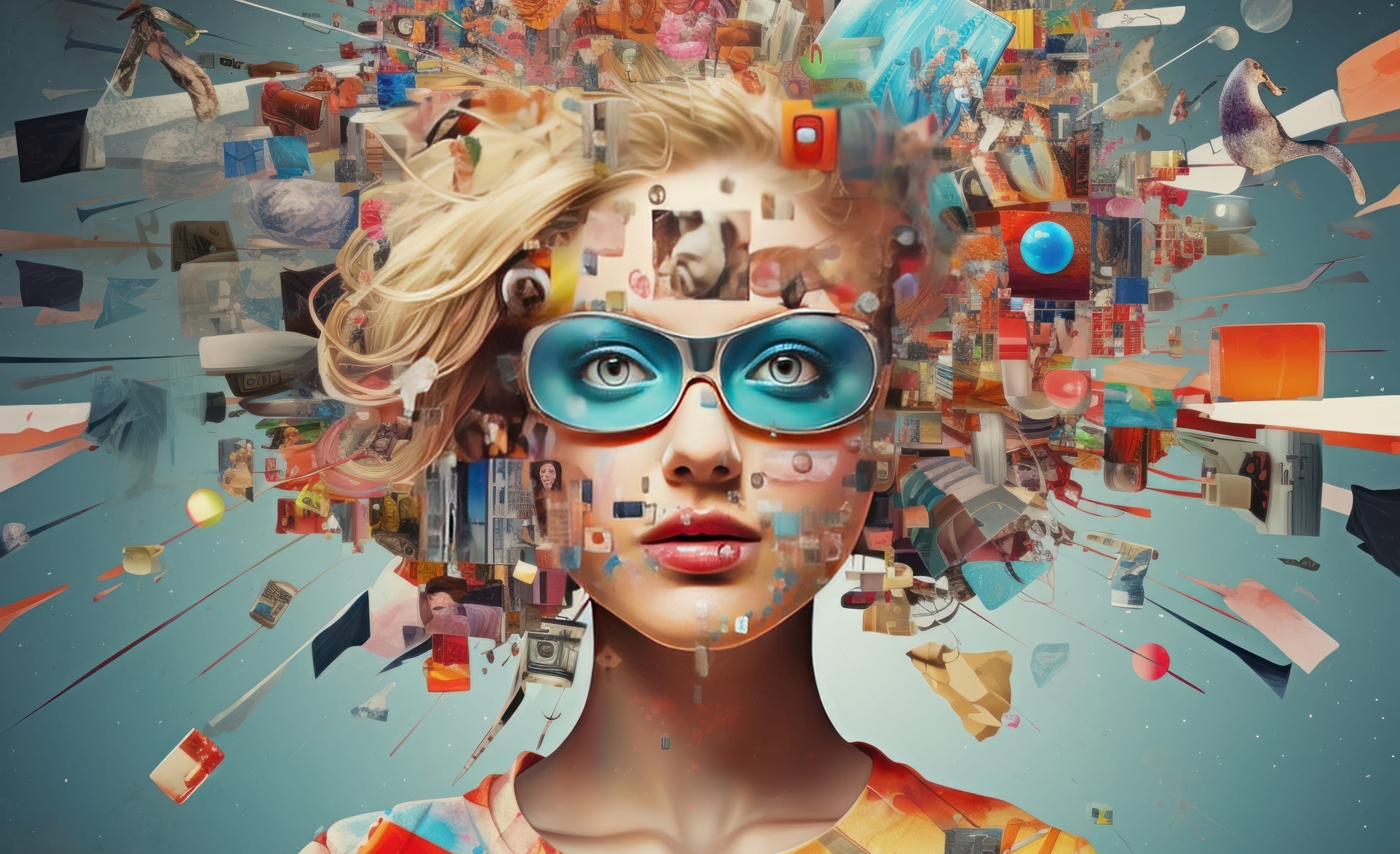 A portrait with hundreds of small cut-out images bursting outward from where the top of the head would be.